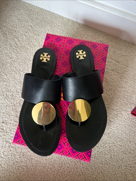 Tory Burch Shoes - Tory Burch Black Leather Slides with Gold Disc Accent